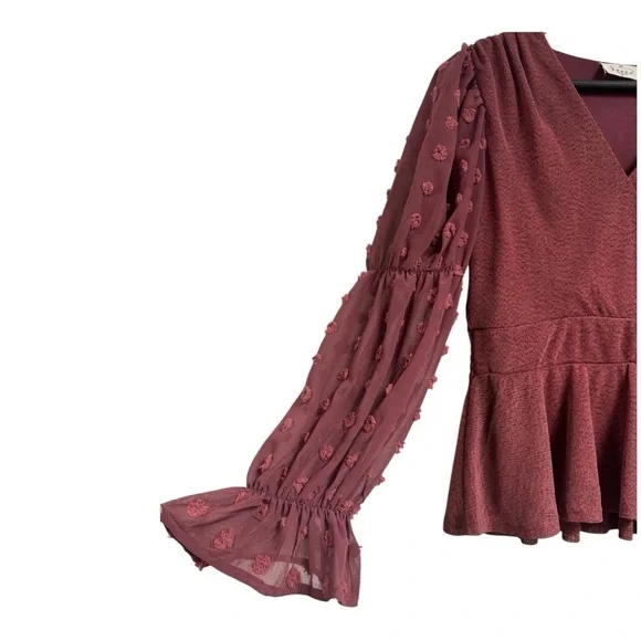Anthropologie Ember Maroon Long Sleeve Textured Peplum Blouse Small - Picture 5 of 12